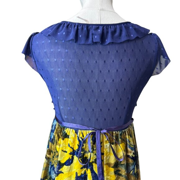 Free People Velvet Burnout Floral Mini Dress Blue Yellow Ruffle Mesh Bodice SZ:S - Picture 4 of 7
